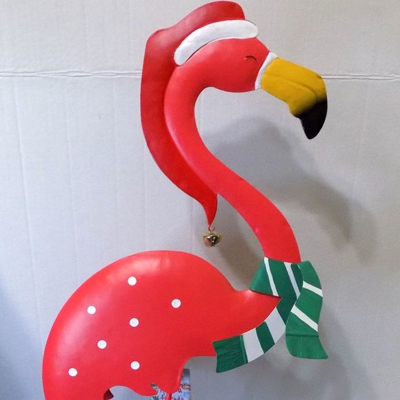 NEW Christmas Metal Flamingo Statue Figurine Florida Coastal Decor - Picture 2 of 9